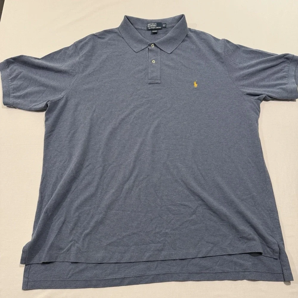 Polo Ralph Lauren Mens 3XLT Polo Shirt Tall Heather Blue Yellow Pony Pique Mesh